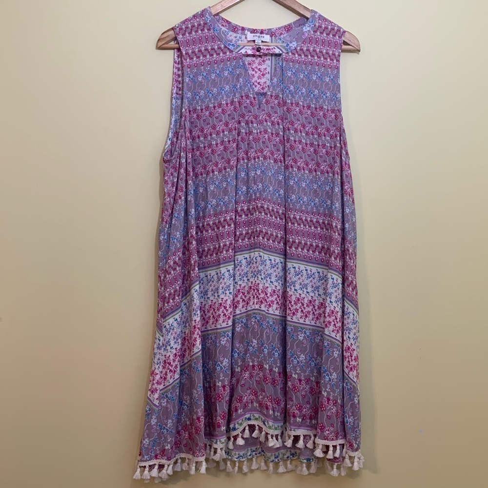 Umgee | Floral Lightweight Bohemian Tassel Fringe Sleeveless Shift Tunic Dress L